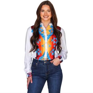 RANCH DRESS'N Fallon Taylor "Atoka" white/blue Performance rodeo shirt sz L NWT